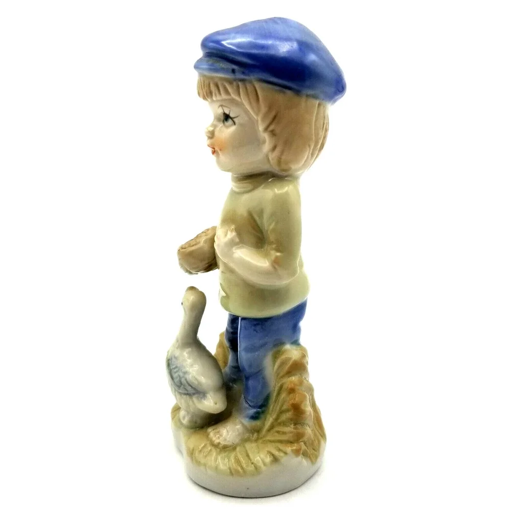 Vintage Porcelain Figurine Boy with Goose Blue Cap 5.5
